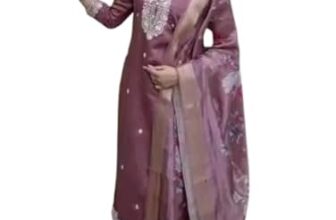 Women’s Chanderi Silk Kurti with Rayon Slub Pants & Dupatta | Printed Three-Quarter Sleeve Ethnic SetRound Wine-2XL
