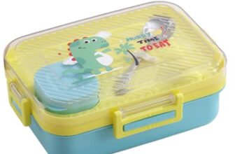 ATTRO Monark Dinosaur Themed Kids Lunch Box with Inner Steel 3 Compartment 1 Small Container, Stainless Steel, 1 Spoon & Separate Internal Lid Leakproof- 750ml+70ml Yellow