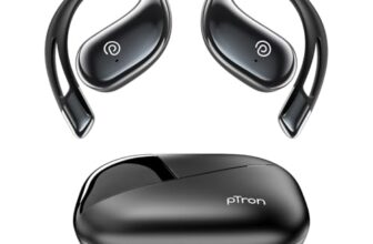 pTron Bassbuds Trendz Open Ear Wireless Earbuds, SafeBeats Design, HD Mics & TruTalk AI-ENC Calls, 45Hrs Playtime, App Support, 14.2mm Drivers, BT6.0 Headphones, Type C Charging & IPX5 (Pearl Black)