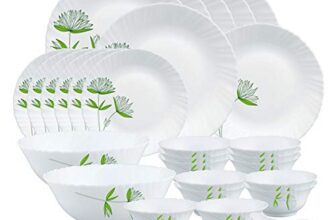 Larah by Borosil Green Lily Opalware Dinner Set, 35 Pcs, White