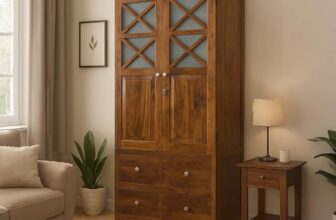 EXCEL Home Cross Pattern Solid Wood 2-Door Wardrobe in Provincial Teak Finish