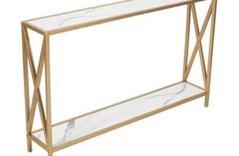 Home Sparkle Engineered Wood 2 Tier Console Table | End Table Side Table Console Table for Living Room Hall Bedroom Office | Multipurpose Table for Home Decor (Color: White Plank with Golden Frame)