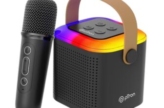pTron Newly Launched Fusion Tunes 10W Mini Bluetooth Speaker with Wireless Karaoke Mic, 8Hrs Playtime, Vivid RGB Lights, Voice Effects, Multi-Play Modes BT5.1/TF Card & Type-C Charging Port (Black)