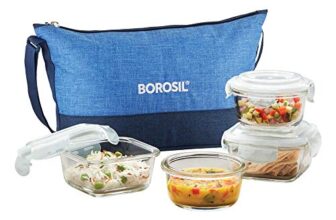 Borosil Daisy Lunchbox | 4pc (320ml x 2 Square + 240ml x 2 Round) Container Set | Made in India Borosilicate Glass | Microwave & Dishwasher Safe Tiffin for Office, College & School (Prime)