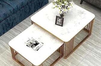 Home Sparkle Iron Frame Handmade Square Coffee Table | Center Table for Living Room with Marble MDF White Top | Sitting Room | Set of 2 | Big : 21″ X 21″ X 18″, Small : 17″ X 17″ X 16″ (White & Gold)