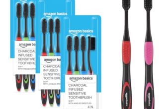 Amazon Basics Charcoal-Infused Sensitive Toothbrush for Adults, Multicolour | 12-Count (4 × 3 Packs) | Ultra Soft Bristles for Deep Cleaning, Whitening & Gentle Gum Care