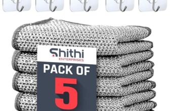 SHITHI ENTERPRISES Multipurpose Wire Dishwashing Cloths for Kitchen | 5 PCS Adhesive Sticky Wall Hooks | Reusable Non Scratch Scrubbers for Washing Dishes & Stove Cleaning (5 Cloths & 5 J Hooks)