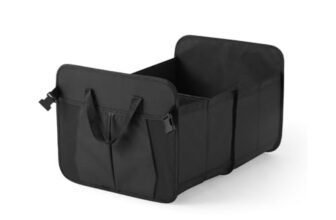 Amazon Basics Car Boot Organizer with 2 Large Compartments & 2 Pockets| Foldable 600D Oxford Storage Box with Securing Straps (Black, 60 x 37 x 31cm)