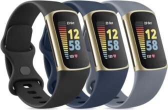 Sounce Pack of 3 Belts/Straps Compatible with Fitbit Charge 5 Wristband Straps (3 Units), Water Resistant Dust Proof Professional Fitting [Watch NOT Included] (Grey, Black, Navy Blue)