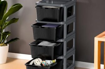 Kuber Industries 4 Layer Heavy Duty Plastic Storage Drawer with Wheels | Modular Cabinet for Bedroom, Office, Home | Chest of Drawers Organiser for Cosmetics, Kitchen items, Toys | Grey & Black