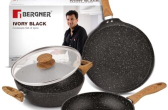Bergner Ivory Black Granite Non-Stick 4 Pcs Cookware Set – 24cm (2.5L) Kadai with Glass Lid, 24cm Frypan, 28cm Dosa Tawa, Forged Aluminium, Soft Touch Handle, PFOA Free, Induction and Gas Stove Ready