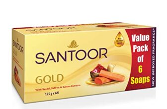 Santoor Gold Bathing Bar Soap with Kashmiri Saffron, Sandal & Sakura Extracts for Soft & Younger-Looking Skin| Gentle & Rich Lathering Formula with Refreshing Fragrance| For All Skin Types| 125g, Pack of 6