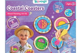 Bloomingo Art & Craft Kit for Ages 4+ – Coastal Coasters – Wood Painting Art Kit | Easy-to-follow instructions | DIY kit for kids | 6 Wooden Coasters | Wood Painting | Beach-themed coasters | Crabs | Shells | Fish | Neon paints | Gem stickers | Create and decorate