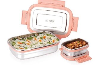 Attro Click Eat Junior Rectangular Stainless Steel Lunch Box with 1 Small Box Compact Design Airtight Leak Proof Lunch Box for Office, School, Picnic-650Ml+140Ml Peach