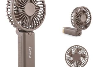 Gesto Portable Fan Rechargeable with LED Light – Foldable Mini Fan, Small Fan,USB Charging Hand Fan with 1200mAh Battery & 3 Speed Modes | Travel, Makeup, Kitchen,Women’s Personal Pankhaa – Grey
