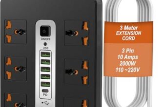 DR VAKU® 12in1 2000W Extension Board with 6 Universal Sockets & 5 USB A Ports (18W), 20W Fast PD Type C Charge 3 Meter Heavy Duty Cord Smart Chip Power Strip for Home Office Travel, 220 Volts- Black