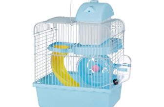 Amazon Basics Hamster, Gerbil, Guinea Pig Cage and Playhouse | Blue | Spacious Plastic Cage for Small Pets | 2 Level | Double Story with Slide, Exercise Wheel and Feeding Bottle | LxWxH-27x 17x 31 Cm