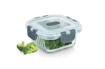 Treo By Milton Clip Fresh RIB Square 320 ml Premium High Borosilicate Glass Container – Airtight, Leak-Proof, Microwave & Dishwasher Safe with Air Vent, Stackable & 100% Food Safe Design