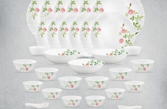 La Opala Opal Glass Crockery | for Family of 6 | Dinner Set 35 pcs Rose Garden | Plates & Bowls for Dining | Microwave Safe | 100% Vegetarian | Extra Strong | Extra Light & White