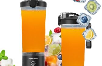 Amazon Basics Portable Hand Blender for Smoothies and Juices | USB Rechargeable | 6 Stainless Steel Blades | 600 ml Food Grade Jar | 1 Year Warranty | 2×2000 mAh Batteries (Black)