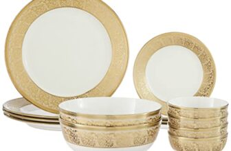 Amazon Brand – Solimo Ceramic 14 Piece Premium Dinner Set | 4 Dinner Plates, 4 Quarter Plates, 2 Large Bowls & 4 Small Bowls | Golden Floral Strip