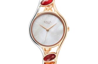 Titan Raga New You Quartz Analog Mother of Pearl Dial Garnet Stone bi-Metal Strap Watch for Women-NS95190KM01
