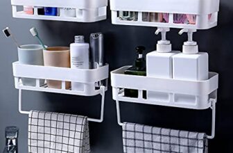 wolpin Plastic Rectangular Wall Shelves with Towel Hanger Shelf Multipurpose Self-Adhesive Sticker Hooks Wall Holder Bathroom Storage Rack Box Strong Shower Rack Shelf – White (4 Pieces)