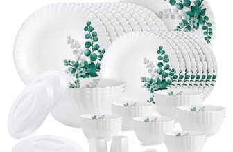 Cello Opalware Dazzle Series Aqua Leaves Dinner Set, 57Pcs | Opal Glass Dinner Set for 8 | Light-Weight, Daily Use Crockery Set for Dining | White Plate and Bowl Set
