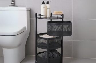 HomeGrits 3-Layer Round Storage Trolley – Black Metal Revolving Basket Rack with Wheels – Space-Saving Organizer for Kitchen, Bathroom, Office & Home Essentials