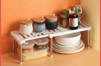 wolpin Extendable Dish Rack/Storage Tiered Countertop Shelf for Kitchen Cabinets/Plate Stand/Utensil Rack ABS with Stainless Steel Multipurpose