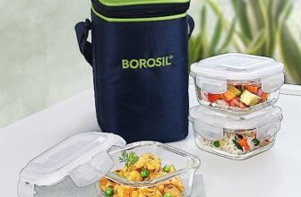 Borosil Lunchbox with Bag | 3pc Borosilicate Glass Square Container Set (320 ml Each) | Microwave & Dishwasher Safe, Leak Proof | Tiffin for Office, School, College (Alfa Green)