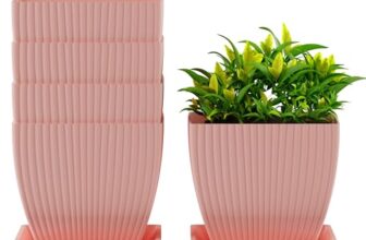 ELUVIA 7-inch Square Planters with Saucers (Set of 5) – Modern Fluted Flower Pots with Drainage Holes and Trays – Premium Plastic Indoor Outdoor Plant Pots for Succulents, Flowers (Pink)