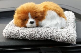 Sleeping Dog Car Dashboard Toy with Soft Plush Fur and Non Slip Base – Cute Puppy Decorative Showpiece for Car Interior, Home Decor Desk Accessory for Dashboard Styling(White & Beown)