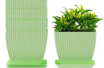 ELUVIA 7-inch Square Planters with Saucers (Set of 5) – Modern Fluted Flower Pots with Drainage Holes and Trays – Premium Plastic Indoor Outdoor Plant Pots for Succulents, Flowers (Pista)