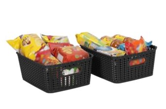 Cutting Edge Essentials Multipurpose Storage Baskets with Handles, Plastic Organizer for Kitchen Fruits, Vegetables, Bathroom, Stationary items, Countertops, Cabinets, Set of 2, Black – Small