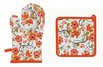 Airwill © Cotton Designer Pattern Heat Resistant Kitchen Linens (1 Oven Mitt & 1 Pot Holder) (Orange,White)