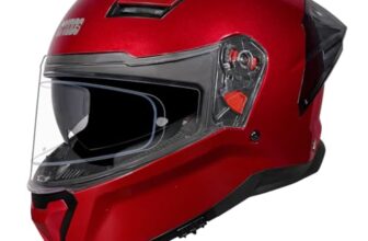 STUDDS Helios ISI and DOT Certified Full Face Helmet with Antifog 100 Lens, Sporty Spoiler (Cherry RED – L)