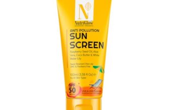 NutriGlow Advanced Organics Anti-Pollution Sunscreen SPF 50 PA+++ | No White Cast | Raspberry Seed Oil + White Water Lily | Broad Spectrum UVA/UVB & Blue Light Protection | Non-Greasy, for Men & Women | 100ml