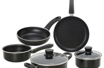 Amazon Brand – Solimo Non-Stick 5-Piece Cookware Set | Induction & Gas Compatible | Aluminium Construction | Includes Saucepans, Frypans & Casserole with Glass Lids