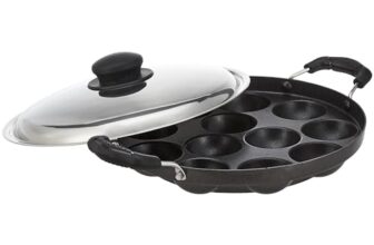 Amazon Brand -Solimo Aluminium Non-Stick Appam Patra – 12 Cavities 22.8 cms | 2 Side Handles with Stainless Steel Lid | 2-Layered PFOA, PFOS and Toxin-Free Coating | Appam Pan | Litti Maker (Black)