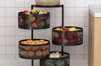 HomeWiz 4-Layer Round Kitchen Trolley | Movable Storage Organizer for Fruits & Vegetables | Perforated Mesh Baskets with Solid Flat Top | Multipurpose Rack for Onion & Potato | Rust-Resistant | Black