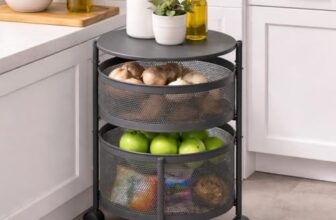 HomeWiz 2-Layer Round Kitchen Trolley | Movable Storage Organizer for Fruits & Vegetables | Perforated Mesh Baskets with Solid Flat Top | Multipurpose Rack for Onion & Potato | Rust-Resistant | Black