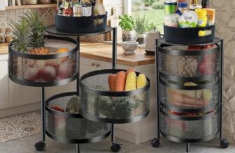 HomeWiz 3-Layer Round Kitchen Trolley | Movable Storage Organizer for Fruits & Vegetables | Perforated Mesh Baskets with Solid Flat Top | Multipurpose Rack for Onion & Potato | Rust-Resistant | Black
