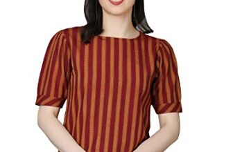 ZUVINO Striped Cotton Top for Women With Puffed Sleeves – Basic Summer and Formal Top (Small, Wine)