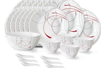 Larah by Borosil Boro Fluted Series Opalware Dinner Set | 33 Pieces for Family of 6 | Microwave & Dishwasher Safe | Bone-Ash Free | Crockery Set for Dining & Gifting | Plates & Bowls | White