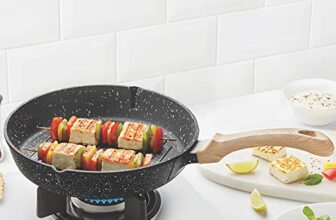 Borosil Vajra Die-Cast Non-Stick Aluminium Round Grill Fry Pan, Frying Pan with Ridges, Black with Wood-Finish Handles, 240 mm Wide, 5 mm Thick