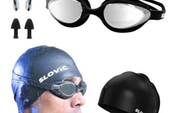 Slovic Swimming Kit | Swimming Goggles & Swimming Cap with Ear Plug, Nose Clip | Stylish Pool Cap for Long Hair | UV Protection | Anti Fog | Free Size Swim Cap | Black Combo