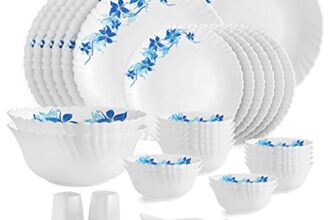 CELLO Blue Swirl Dazzle Series Opalware Dinner Set of 35 Pieces for Family of 6 | Bone-Ash Free & Leadfree Opal Glass, Microwave & Dishwasher Safe, Plates & Bowls Crockery Set for Dining & Gifting