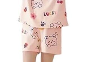 Lunza Women’s Cotton Blend Pajama Set, Short Sleeve T-Shirt and Shorts, Cute Bear Print Nightwear (Pink Tedy, S)