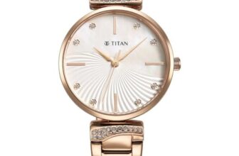 Titan Purple Style Up Quartz Analog Mother of Pearl Dial Rose Gold Stainless Steel Strap Watch for Women – NT95237WM01
